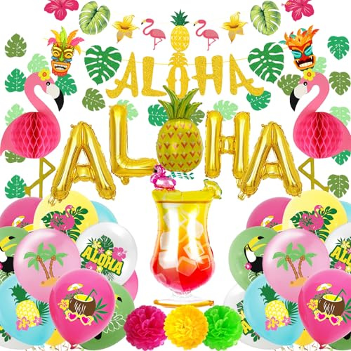 AUNGCSHE Set de decoración Hawaiano 34 Pcs, Decoraciones para fiestas de verano, Fiesta hawaiana en Jardín, Playa o Pool Party, Globos, Hojas, Piñas, Bolas Nido Abeja Flamenco