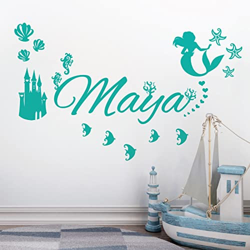 personalisiert Name Kinder Art Wand Aufkleber – Disney Little Mermaid, ocean, Castle, Seestern, türkis, M 580 x 150 mm