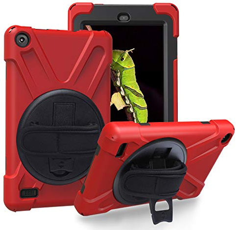 JZ 360 Degrees Kickstand Custodia Cover Compatible with Amazon Kindle Fire HD 8 2016 Stand Custodia with Wrist Strap And Shoulder Strap - Red