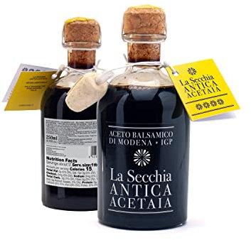 La Secchia - Vinaigre Balsamique de Modène IGP Quatre Étoiles, Vieilli en 16 Bouteilles de Genévrier, Densité Moyenne à Haute, Bouteille de 250 ml avec Bouchon Doseur en Liège