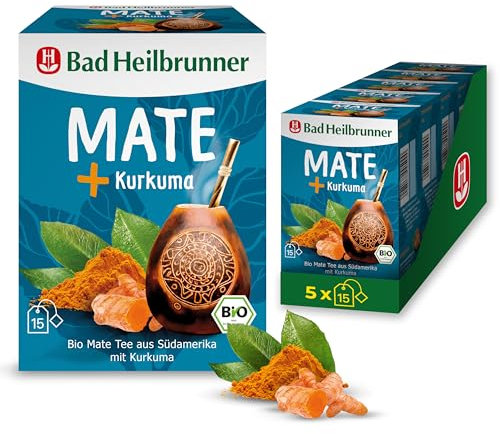 Bad Heilbrunner Kurkuma + Mate Tee - im Filterbeutel - Mate & Kurkuma - klassischer Mate Tee aus Südamerika mit Kurkuma - harmonisches Geschmakserlebnis (5 x 15 Filterbeutel)