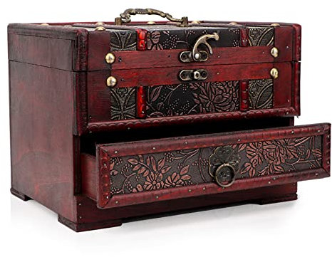 HERCHR Portagioie in Legno con maneggiare e Serratura, Doppio Strato Portagioie Vintage Scatola di Gioielli con Specchio, Scatola Decorativa per Gioielli con gingillo, Porta Gioielli Donna per Anelli