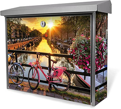 banjado® Burgwächter Briefkasten Edelstahl 38,5x31,5x12cm mit Motiv Amsterdam Mit Rad/Briefkasten Edelstahl ohne Zeitungsfach/Briefkasten grau/Postkasten inkl. Montagematerial & 2 Schlüsseln
