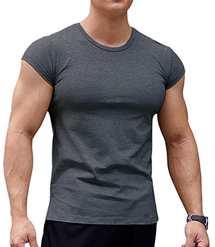Herren Sportlich T-Shirts Tees Kurz Ärmel Bodybuilding Trainieren Ausbildung Fitness Tops Crew Hals Baumwolle Dunkelgrau L