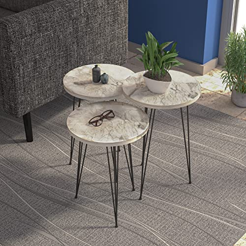 PAK HOME Set mit 3 weißen Marmor-Beistelltischen, rund, stapelbar, Couchtisch, Beistelltisch mit Metallbeinen für Wohnzimmer, Heimbüro, Nachttische für Schlafzimmer