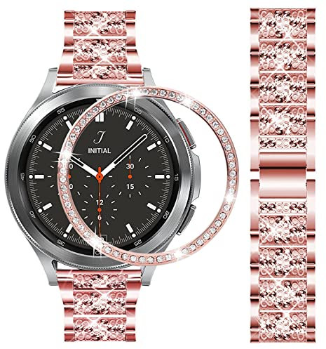 DEALELE Cinturino Compatibile con Samsung Galaxy Watch 4 Classic 42mm / Galaxy Watch 42mm / Gear Sport, Bracciale di Ricambio in Metallo Strass Diamante 20mm con Anello Lunetta Copertura, Rosa
