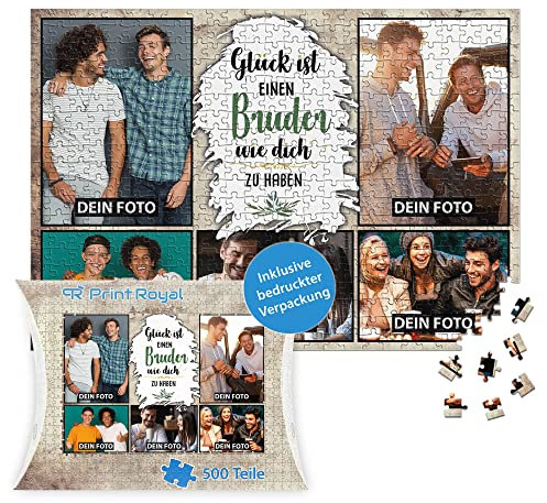 PR Print Royal Foto-Puzzle mit 5 Fotos Bedrucken - Glück ist einen Bruder wie Dich zu haben - Collagen-Puzzle selber gestalten für den Bruder - 500 Teile inkl. hochwertiger Kartonverpackung