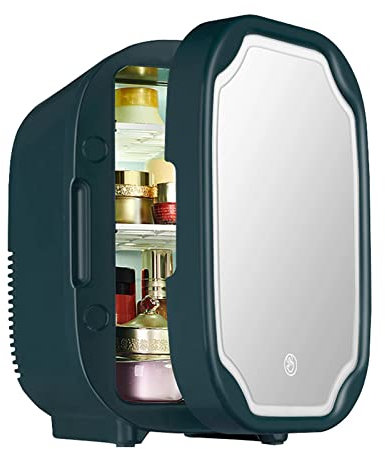 HMTE 8L Mini Cosmetic Fridge With LED Lamp Makeup Mirror Portable Beauty Refrigerator Small Fridge For incare,Dark Green