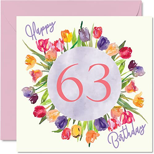 Schöne Geburtstagskarte zum 63. Geburtstag für Frauen – Aquarell Tulpen Blumen Bouquet – Karte für Ihre Oma, Mama, Geburtstagsgeschenke, 145 mm x 145 mm, schöne florale Grußkarten Geschenk