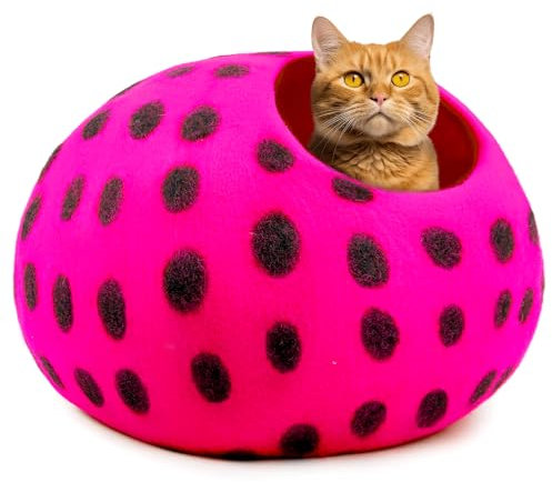 Woolygon Filz-Katzenbett-Höhle – gepunktete Serie – Woll-Katzenbetten handgefertigt Kätzchenhöhlen Bett für Indoor-Katzen – umweltfreundliche Merinowolle, faltbares Katzenversteck bedeckt Katzenhäuser