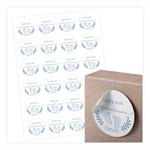 24 Stück Aufkleber zur Taufe - Personalisierte Aufkleber mit Namen und Datum für die Geschenke Ihrer Gäste - 4,5 cm Runde Papieraufkleber Etiketten (Junge)