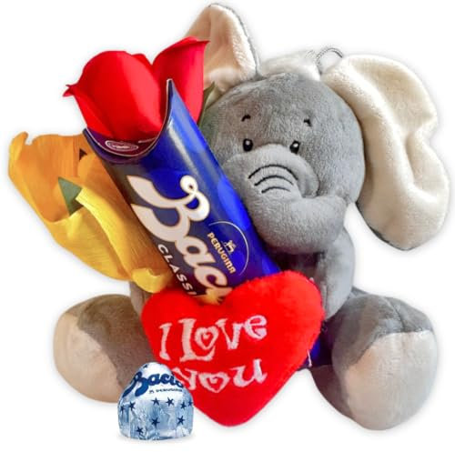 Idea Regalo Fidanzata e Fidanzato - Peluche Elefante 15cm + 37,5gr Baci Perugina + Rosa Rossa + Bouquet di Mimosa - Regalo Uomo|Donna