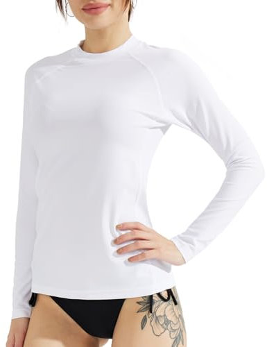 SURFEASY Womens Rash Vest Long Sleeve Ladies Sun Protection Swim Shirt Rash Guard Tops Swimsuit (White,M)