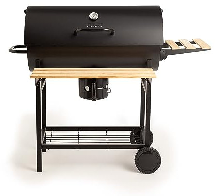 CREATE/BBQ SMOKEY/Barbacoa ahumadora de carbón con ruedas negro/De acero inoxidable, parrilla superior, control de temperatura, bandeja frontral y bandeja lateral, fácil de transportar