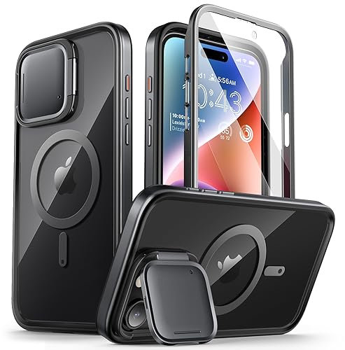 i-Blason Shield Mag for iPhone 15 Pro Max Case with Camera Cover Stand, [Compatible with MagSafe] Clear Full-Body Shockproof Rugged Bumper Protective Case with Built-in Screen Protector (Black)