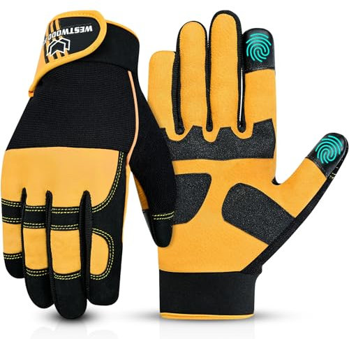 WESTWOOD FOX Work Gloves for Men and Women, Gardening Gloves,Tear Resistance Leather, Thorn Proof, Touchscreen, Safety Working Gloves for Mechanical work, Electrician, Construction work. (YELLOW, XL)