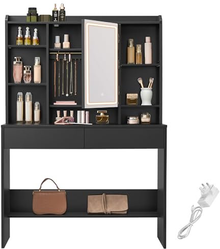 VASAGLE KAILYN Collection - Dressing Table with LED Lights, 3 Colours, Vanity Desk with Mirror, Vanity Table with 2 Drawers, Makeup Desk, Modern, Ink Black RDT123B02