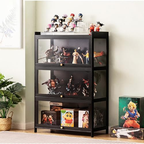 JSWHYBD 3 Stufige Vitrine Curio Vitrine Mit Acrylglastür Vitrinen Aus Natürlichem Bambus Für Sammlerstücke Aufbewahrungsschrank Mit Hoher Kapazität Und Aufklappbarer Tür Starke Tragfähigkeit