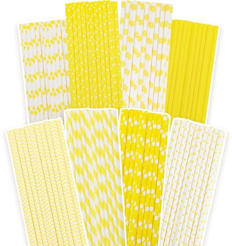 Gcardist Lot de 150 pailles jetables, jaunes, jaunes, en vrac (8 motifs)