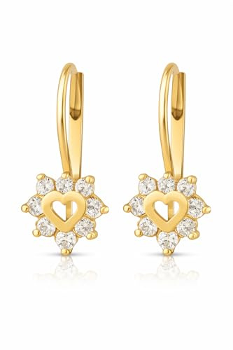 RODIUM - 14 Karat (585) Damen Gold Ohrringe mit Zirkonia und ausgeschnittenem Herz Gelbgold Gold