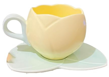Taza de café de cerámica con platillos, diseño de tulipanes en 3D con diseño de flores y té con leche, bonita taza hecha a mano con asa cómoda para la oficina en casa (300 ml, amarillo)