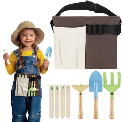 Navaris Kids Gardening Tools Set - Sturdy Wooden Garden Kit with Storage Belt Bag - Includes Rake Fork Spade & Seed Measuring Sticks - Fun and Educational For Children or Toddler