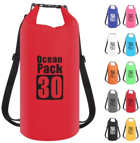 30L Rot Wasserdichte Tasche, Dry Bag 2L/5L/10L/15L/20L/30L mit Verstellbarem Gurt, Schützt Telefon/Karte, Roll Top Wasserdichter Beutel Rucksack für Schwimmen/Rafting/Kajak/Bootfahren/Camping/Strand
