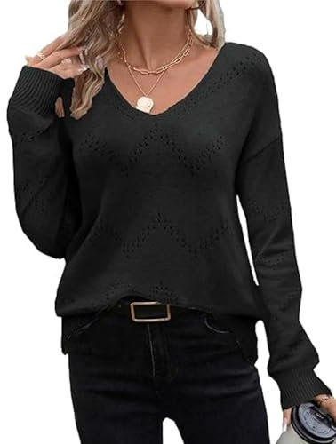 Zeagoo Maglione Elegante a Maniche Lunghe con Scollo a V Maglia all'Uncinetto Fashion Nero XL