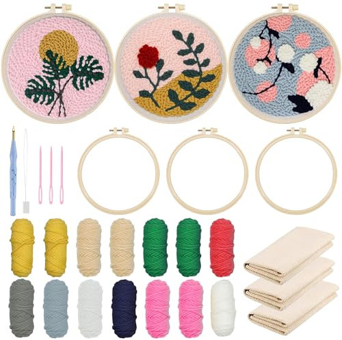 Allazone 3 Stück Punch Needle Anfänger Stickerei Set, Punch Needle Embroidery Starter Kit mit Blumen und Pflanzen Muster, DIY Stanznadel Kit mit Stickrahmen, Punch Needle Stoff, Fäden