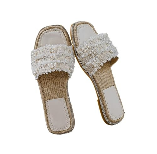 SUBLXPoten Sandales de Plage en Paille Pantoufles de Paille Sandales Plates en Perles Tongs de Plage for Femmes Pantoufles de Perles à Fond de Paille Cool Diapositives for Femmes(Beige,6.5)