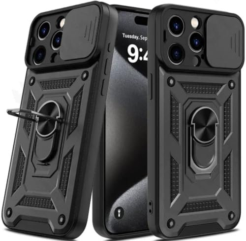 KK KENIK Case Compatible with For iphone 16 Pro Max 360° Rotate Ring Magnetic Kickstand,Slide Camera & Military Grade Shockproof Protective Phone Cover for iPhone 16 Pro Max Black