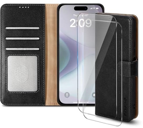 PIXFAB Case for iPhone 16 with 2 x Screen Protector Tempered Glass, Leather Wallet Phone Case, Magnetic Book Flip Folio Cover [RFID Protection & Card Slots] and [Kickstand] - Black