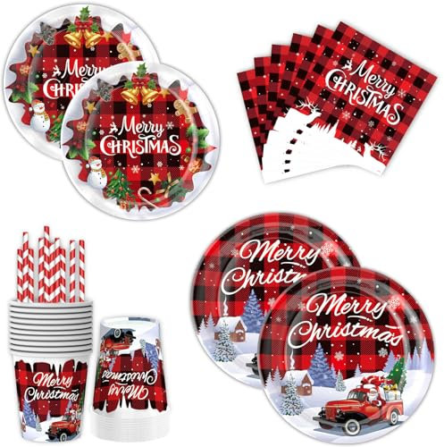 ASSUGO Platos de papel navideños, 50 platos navideños desechables para Navidad, fiesta de Navidad, fiesta de Año Nuevo, vajilla navideña para 10 personas con platos de papel vasos de papel servilletas