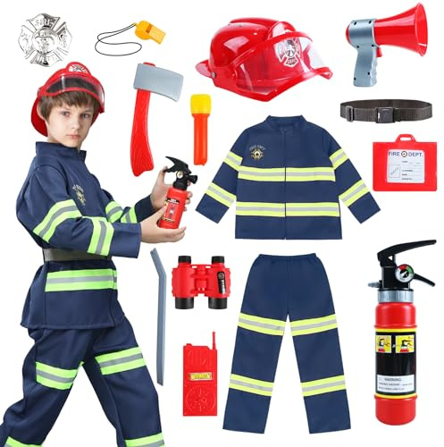 Feuerwehr Kostüm Kinder, Feuerwehrmann Kostüm Kinder Spielzeug, Blau Feuerwehr Jacke, Feuerwehrhelm Kinder 3-10 Jahre Jungen Mädchen, Faschingskostüme-Feuerlöscher Taschenlampe, Walkie-Talkie Set