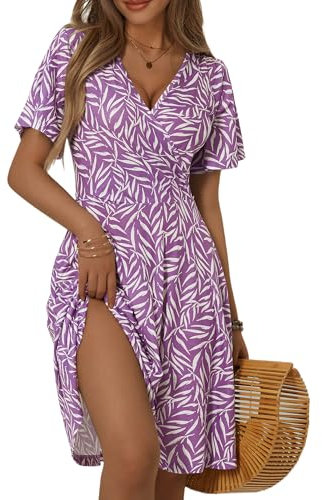 FENSACE Robe d'été mi-Longue à Manches Courtes et col en V pour Femme, Motif Floral, Taille M