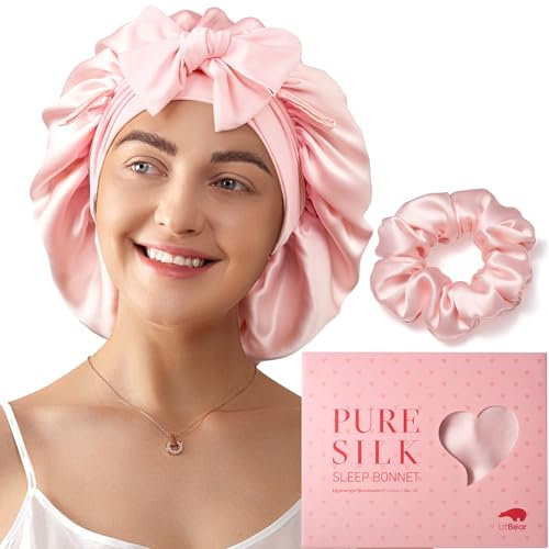 LitBear Cuffia da Notte per Donna in Seta di Gelso 100%, 6A 22 Momme, per Capelli Ricci e Lunghi, Doppio Strato con Fascia Regolabile, Elastico Incluso