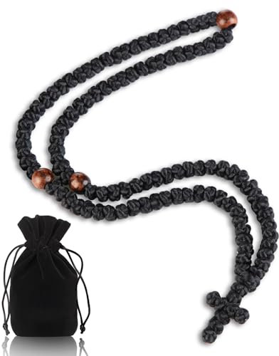Otuuz Handmade Orthodox Prayer Rope 100 Knots with Braided Cross and Red Beads Orthodox Prayer Rope with Icon of the Mother of God Card Greek Cross Christian Charm Gifts