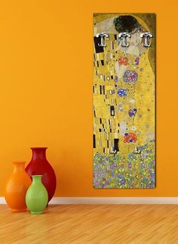 Deco Italia Appendiabiti da Parete Klimt Il Bacio, Pannello in Legno con 3 + 2 Ganci | Misura 46 x 125 cm