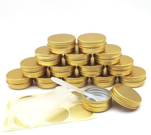 Wopanxye 15 Pack 15g Travel Size Aluminum Tins, 15ml Gold Color Metal Tin Can 1/2 oz Containers with Screw Lid for Makeup Sample, Nails, Lip Gloss Balm, Salve, Slime, Spice, Candy, Paints, Candle, Tea