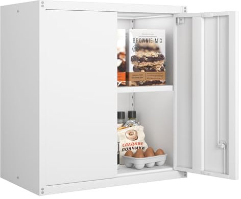 GREATMEET Metal Wall Cabinet, Wall Mounted Storage Cabinet with Lock for Garage Storage, Floating Cabinets with Doors and Adjustable Shelf for Utility Room, White