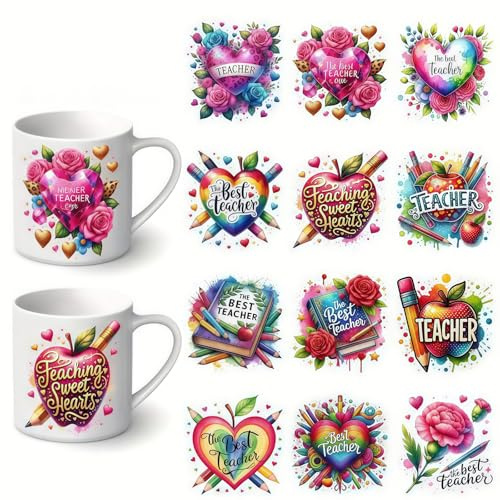12pcs Best Teacher Pencil Heart Rose UV DTF Cup Wraps Transfer Waterproof Sticker for Glass Cups Furniture Craft DIY Crafts Rub on Transfer Stickers for DIY Water Bottle Laptop Decal Wood Car