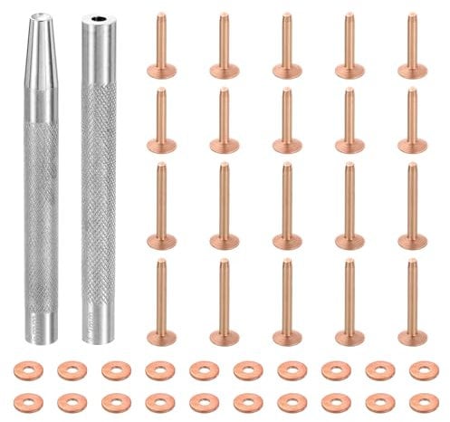 sourcing map 20Set Copper Rivets and Burrs, 10x3.3x14mm and 10x3.3x19mm Solid Leather Copper Rivet Fastener with Punch Rivet Tool for Leather DIY Craft Supplies, Copper Tone