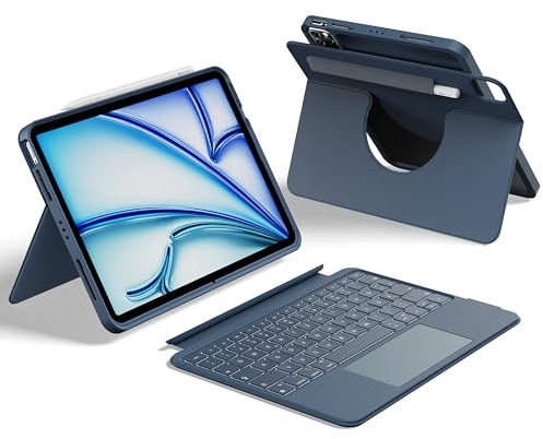 HOU Rotierende Tastaturhülle für iPad Air 11 (M3/M2) 2025 Magnetische Abnehmbare Hülle mit Tastatur für iPad Air 6/5/4, Pro 11 4/3/2/1 mit Touchpad, Beleuchtung und Halterung, Stiftetui,QWERTZ-Blau