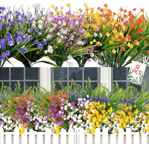 Zaphyron 12 Künstliche Blumen Pflanzen Bündel kunstblumen für außen Fake Wetterbeständige Outdoor Künstliche Balkon Pflanzen UV-Schutz Fake Blumen im Freien Balkon Garten