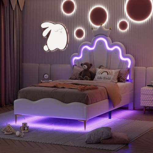 DAHUEN Kinderbett Einzelbett 90x200cm, LED Polsterbett Bettgestell für Mädchen mit Lattenrost, Prinzessinnen Bett Mädchen mit Gepolstertes Kopfteil, Verstellbarer Höhe, PU, Weiß (Weiß, 90×200cm)