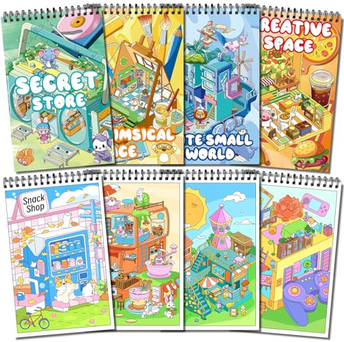 Elfew 4 Stück Kawaii Malbuch für Erwachsene, A5(21.5 x 14cm) Ausmalbuch für Erwachsene, 80+ Niedliches und Gemütliches Muster Malbuch für Jugendliche, Entspannung Geschenk für Frauen