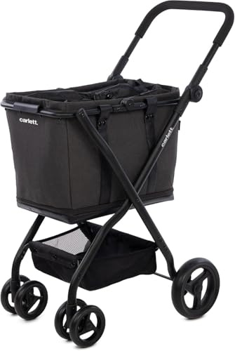 Carlett Einkaufstrolley mit 4 Rädern, faltbar, Tasche 50–75 L, höhenverstellbarer Griff, Sicherheitsbremse, Korb als Tragetasche nutzbar, wasserabweisend mit Regenüberzug – Cube S, Schwarz