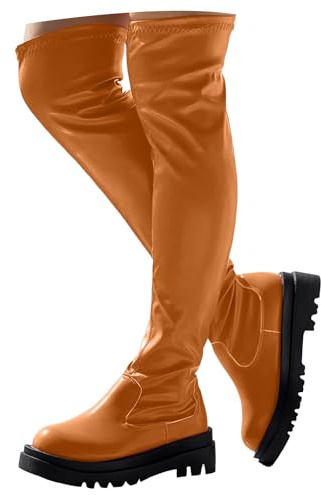 Xbemkste Stivali alti da donna con plateau punta rotonda in pelle sopra il ginocchio, eleganti stivali a gambo lungo, stivali eleganti da donna impermeabili, marrone, 37.5 EU