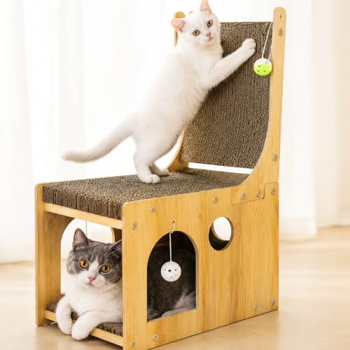 Vethby Katzen Kratzbrett 65cm, L-förmige Kratzpappe mit Holzrahmen | Multifunktionales Katzen Kratzmöbel mit Versteck, Spielbällen und Liegefläche für Katzen zum Kratzen, Spielen und Entspannen
