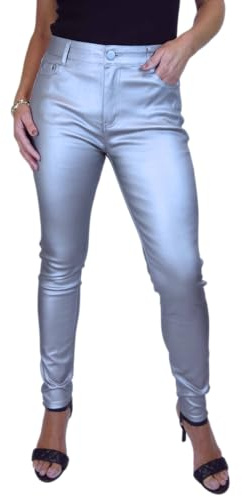 Women's High Waist Leather Look Skinny Jeans Trousers Silver (12)